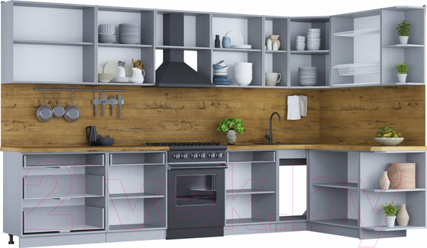 Изображение товара Кухонный гарнитур Интерлиния Мила Шато 1.7x3.5 правая (мята/мята/дуб бунратти)