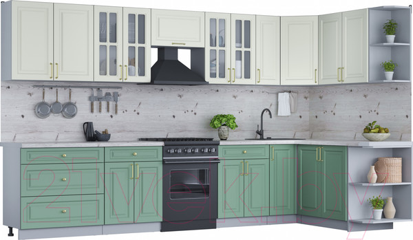 Изображение товара Кухонный гарнитур Интерлиния Мила Шато 1.7x3.5 правая (белый/мята/бискайская сосна)