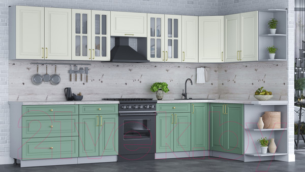 Изображение товара Кухонный гарнитур Интерлиния Мила Шато 1.7x3.5 правая (белый/мята/бискайская сосна)