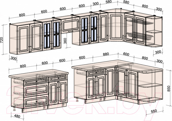 Изображение товара Кухонный гарнитур Интерлиния Мила Шато 1.7x3.5 правая (океан/океан/дуб бунратти)