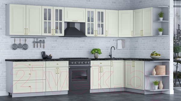 Изображение товара Кухонный гарнитур Интерлиния Мила Шато 1.7x3.6 правая (белый/белый/кастилло темный)