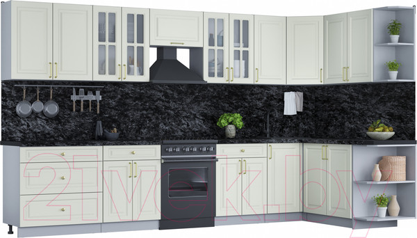 Изображение товара Кухонный гарнитур Интерлиния Мила Шато 1.7x3.6 правая (белый/белый/кастилло темный)