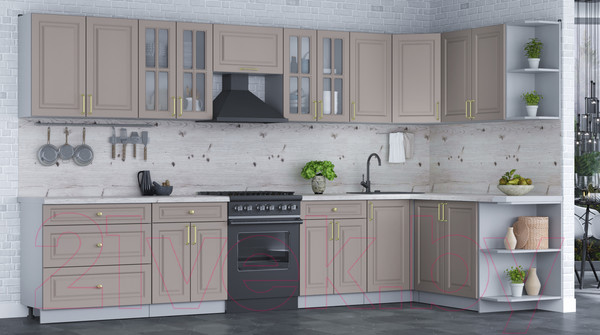 Изображение товара Кухонный гарнитур Интерлиния Мила Шато 1.7x3.6 правая (луна/луна/бискайская сосна)