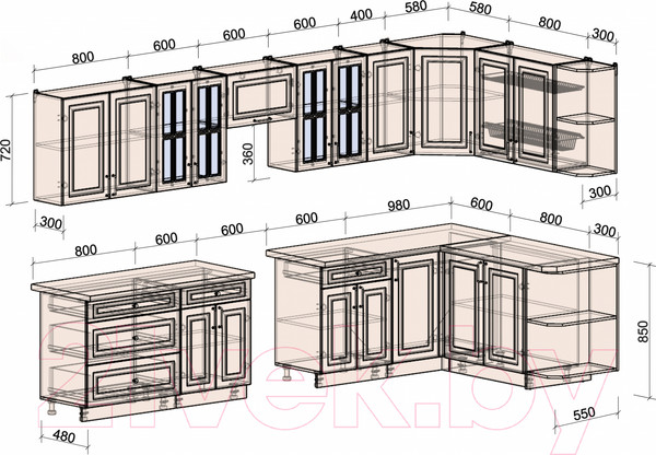 Изображение товара Кухонный гарнитур Интерлиния Мила Шато 1.7x3.6 правая (мята/мята/дуб бунратти)