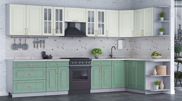 Изображение товара Кухонный гарнитур Интерлиния Мила Шато 1.7x3.6 правая (белый/мята/бискайская сосна)