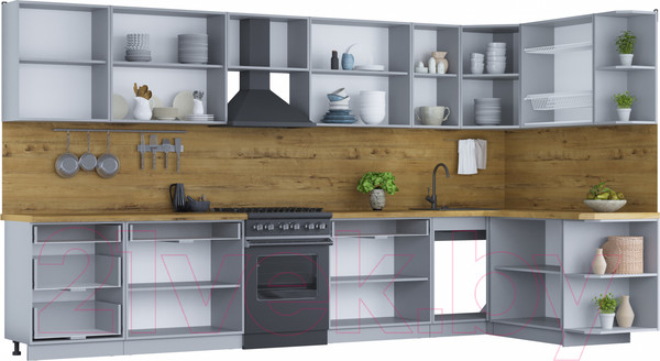 Изображение товара Кухонный гарнитур Интерлиния Мила Шато 1.7x3.8 правая (луна/луна/бискайская сосна)