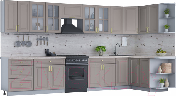 Изображение товара Кухонный гарнитур Интерлиния Мила Шато 1.7x3.8 правая (луна/луна/бискайская сосна)