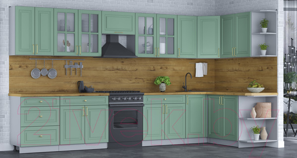 Изображение товара Кухонный гарнитур Интерлиния Мила Шато 1.7x3.8 правая (мята/мята/дуб бунратти)