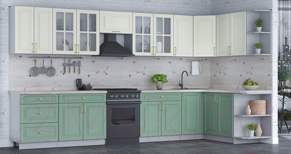 Изображение товара Кухонный гарнитур Интерлиния Мила Шато 1.7x3.8 правая (белый/мята/бискайская сосна)