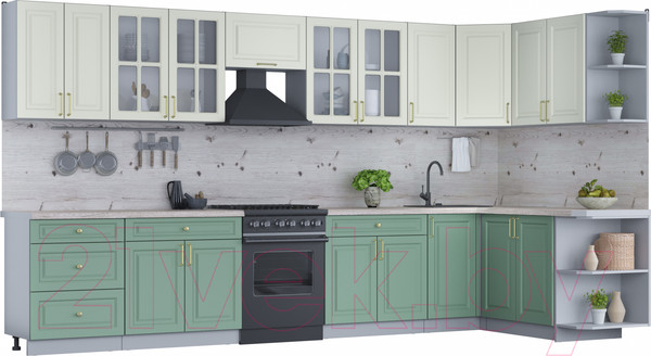 Изображение товара Кухонный гарнитур Интерлиния Мила Шато 1.7x3.8 правая (белый/мята/бискайская сосна)