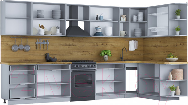 Изображение товара Кухонный гарнитур Интерлиния Мила Шато 1.7x3.7 правая (луна/луна/бискайская сосна)