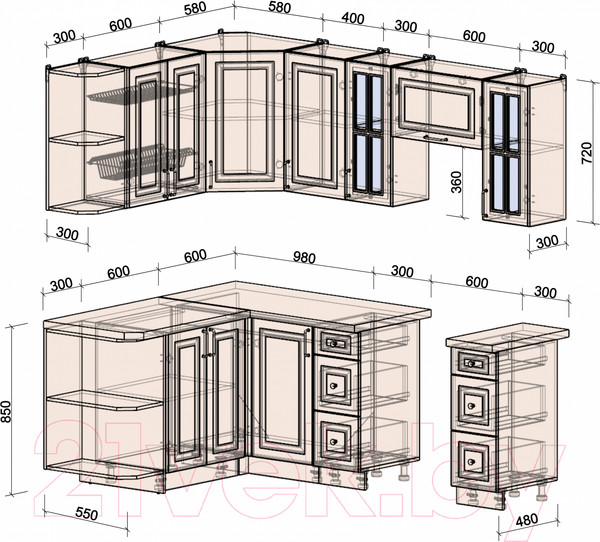 Изображение товара Кухонный гарнитур Интерлиния Мила Шато 1.5x2.2 левая (мята/мята/дуб бунратти)