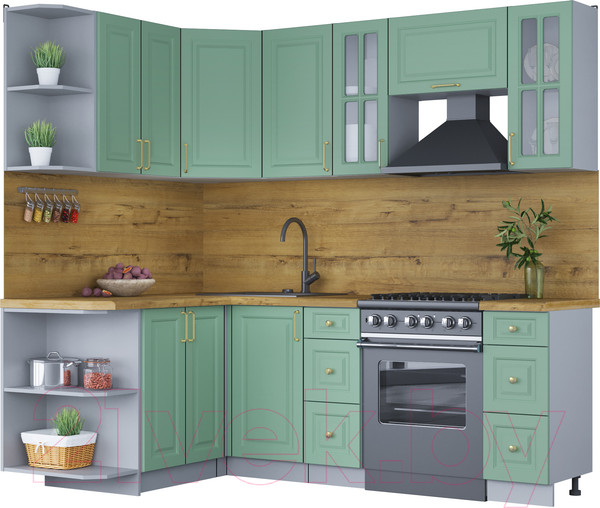 Изображение товара Кухонный гарнитур Интерлиния Мила Шато 1.5x2.2 левая (мята/мята/дуб бунратти)