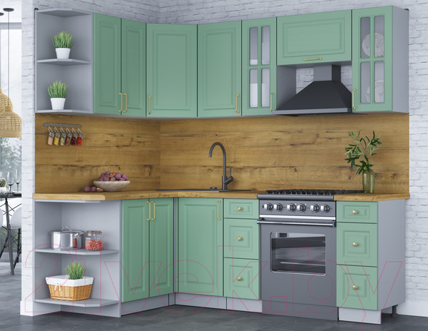 Изображение товара Кухонный гарнитур Интерлиния Мила Шато 1.5x2.2 левая (мята/мята/дуб бунратти)