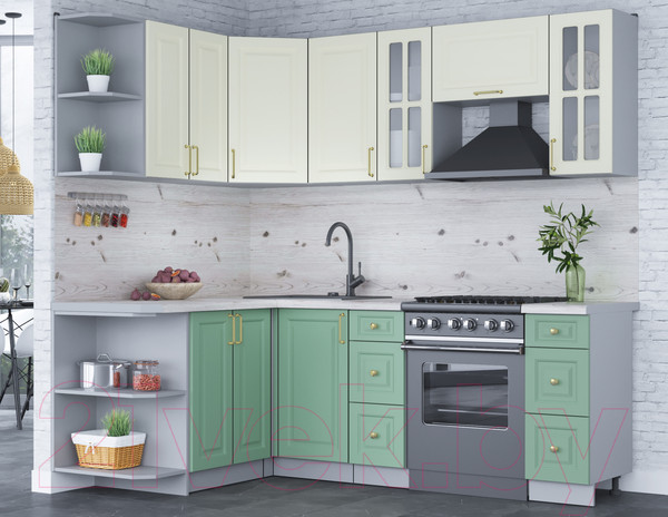 Изображение товара Кухонный гарнитур Интерлиния Мила Шато 1.5x2.2 левая (белый/мята/бискайская сосна)