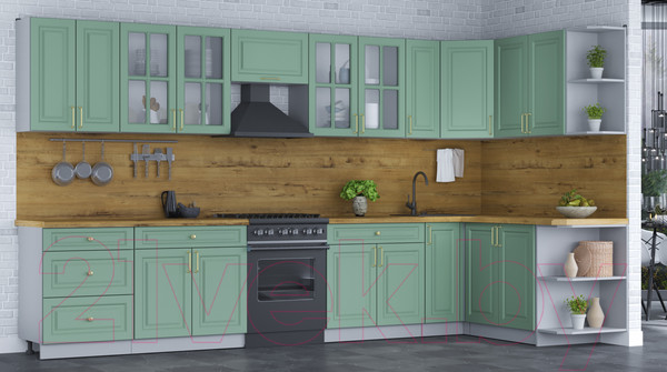 Изображение товара Кухонный гарнитур Интерлиния Мила Шато 1.7x3.7 правая (мята/мята/дуб бунратти)