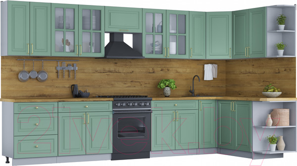 Изображение товара Кухонный гарнитур Интерлиния Мила Шато 1.7x3.7 правая (мята/мята/дуб бунратти)