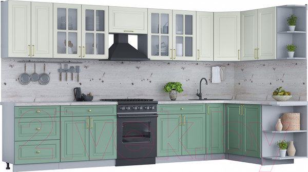 Изображение товара Кухонный гарнитур Интерлиния Мила Шато 1.7x3.7 правая (белый/мята/бискайская сосна)