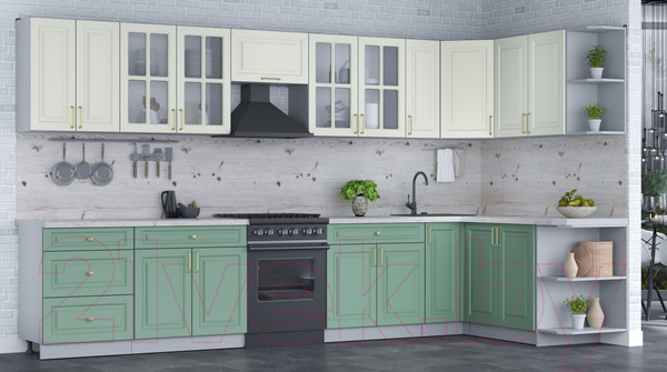 Изображение товара Кухонный гарнитур Интерлиния Мила Шато 1.7x3.7 правая (белый/мята/бискайская сосна)