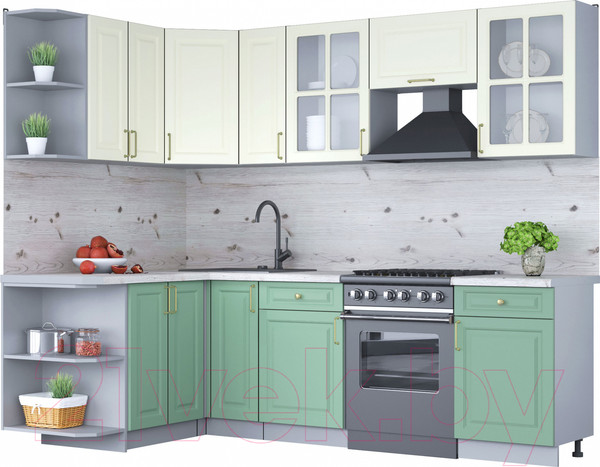 Изображение товара Кухонный гарнитур Интерлиния Мила Шато 1.5x2.5 левая (белый/мята/бискайская сосна)
