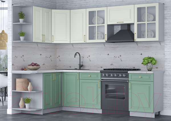 Изображение товара Кухонный гарнитур Интерлиния Мила Шато 1.5x2.6 левая (белый/мята/бискайская сосна)