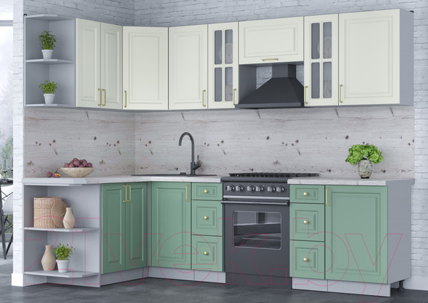 Изображение товара Кухонный гарнитур Интерлиния Мила Шато 1.5x2.7 левая (белый/мята/бискайская сосна)