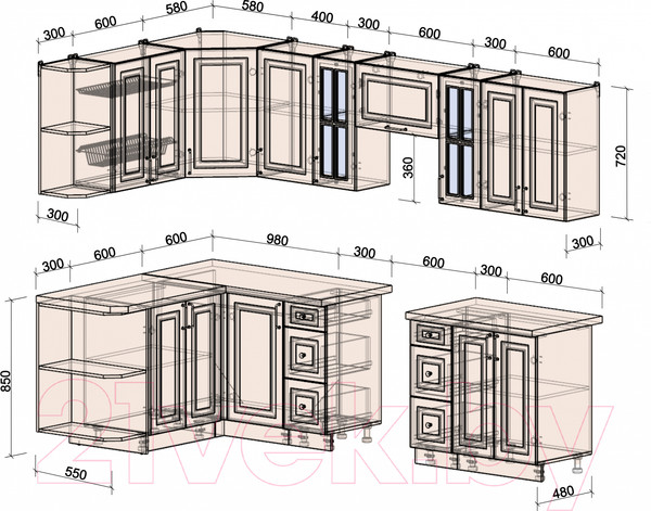 Изображение товара Кухонный гарнитур Интерлиния Мила Шато 1.5x2.8 левая (мята/мята/дуб бунратти)