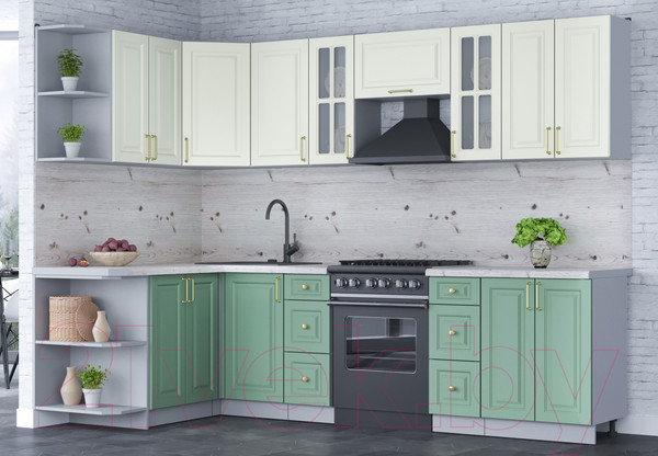 Изображение товара Кухонный гарнитур Интерлиния Мила Шато 1.5x2.8 левая (белый/мята/бискайская сосна)