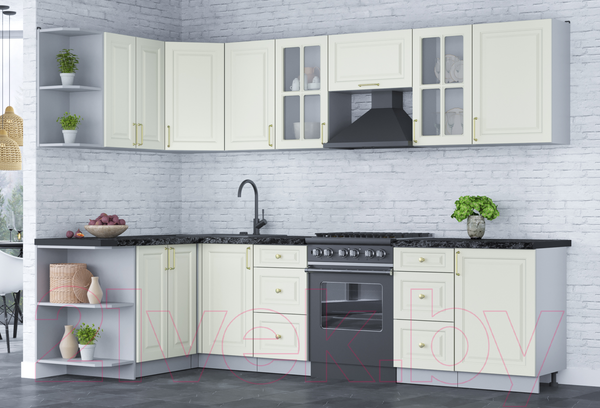 Изображение товара Кухонный гарнитур Интерлиния Мила Шато 1.5x2.9 левая (белый/белый/кастилло темный)