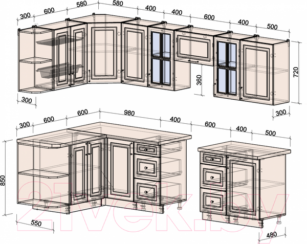 Изображение товара Кухонный гарнитур Интерлиния Мила Шато 1.5x2.9 левая (луна/луна/бискайская сосна)