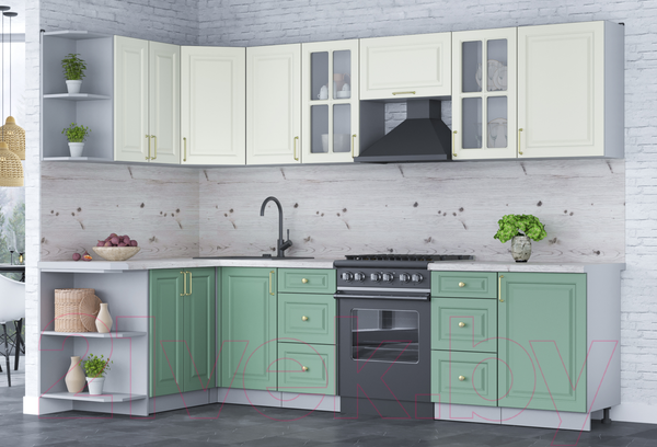 Изображение товара Кухонный гарнитур Интерлиния Мила Шато 1.5x2.9 левая (белый/мята/бискайская сосна)