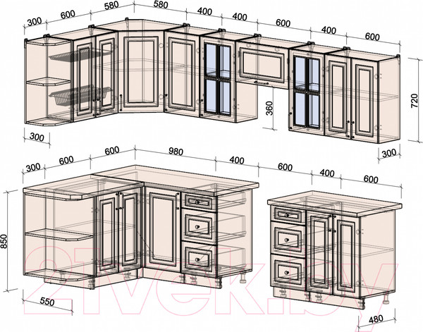 Изображение товара Кухонный гарнитур Интерлиния Мила Шато 1.5x3.0 левая (мята/мята/дуб бунратти)