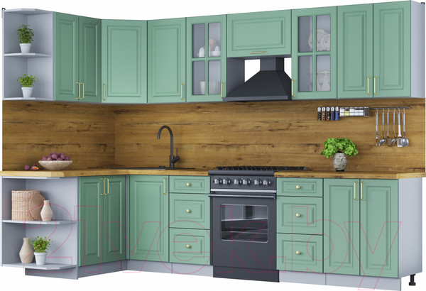 Изображение товара Кухонный гарнитур Интерлиния Мила Шато 1.5x3.0 левая (мята/мята/дуб бунратти)