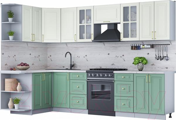 Изображение товара Кухонный гарнитур Интерлиния Мила Шато 1.5x3.0 левая (белый/мята/бискайская сосна)