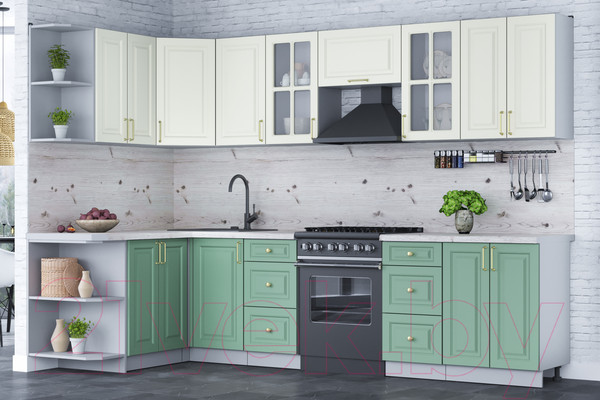 Изображение товара Кухонный гарнитур Интерлиния Мила Шато 1.5x3.0 левая (белый/мята/бискайская сосна)