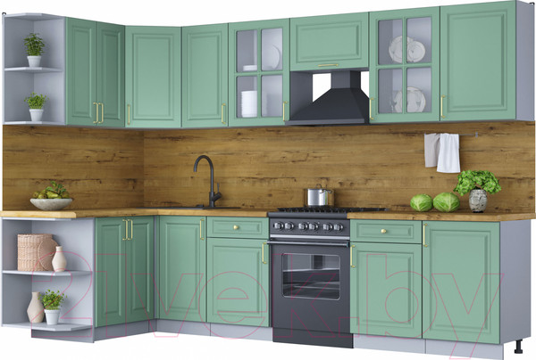 Изображение товара Кухонный гарнитур Интерлиния Мила Шато 1.5x3.1 левая (мята/мята/дуб бунратти)