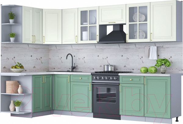 Изображение товара Кухонный гарнитур Интерлиния Мила Шато 1.5x3.1 левая (белый/мята/бискайская сосна)