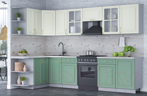 Изображение товара Кухонный гарнитур Интерлиния Мила Шато 1.5x3.1 левая (белый/мята/бискайская сосна)