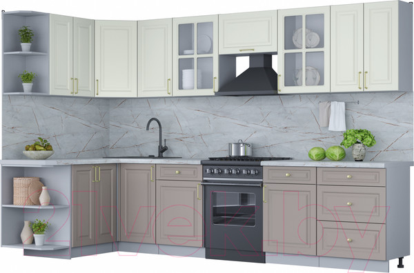 Изображение товара Кухонный гарнитур Интерлиния Мила Шато 1.5x3.2 левая (белый/луна/серый каспий)