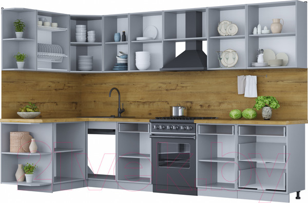 Изображение товара Кухонный гарнитур Интерлиния Мила Шато 1.5x3.2 левая (луна/луна/бискайская сосна)