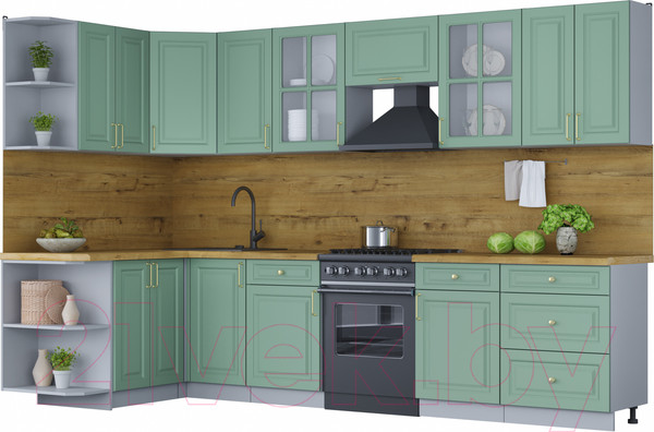 Изображение товара Кухонный гарнитур Интерлиния Мила Шато 1.5x3.2 левая (мята/мята/дуб бунратти)