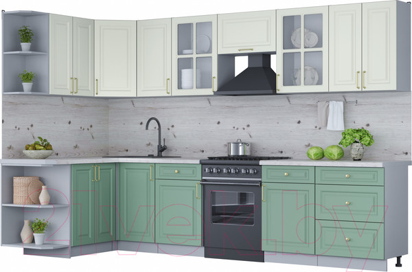 Изображение товара Кухонный гарнитур Интерлиния Мила Шато 1.5x3.2 левая (белый/мята/бискайская сосна)