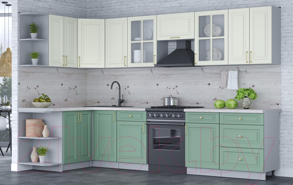 Изображение товара Кухонный гарнитур Интерлиния Мила Шато 1.5x3.2 левая (белый/мята/бискайская сосна)