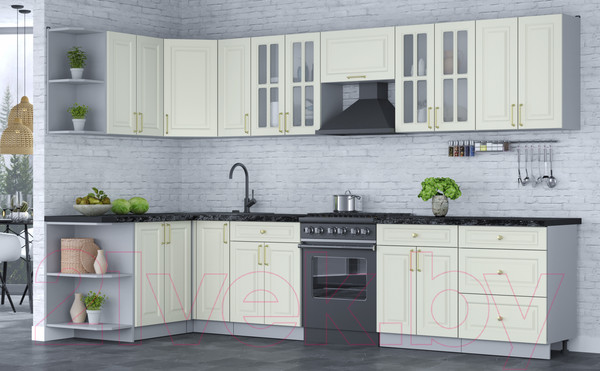 Изображение товара Кухонный гарнитур Интерлиния Мила Шато 1.5x3.3 левая (белый/белый/кастилло темный)