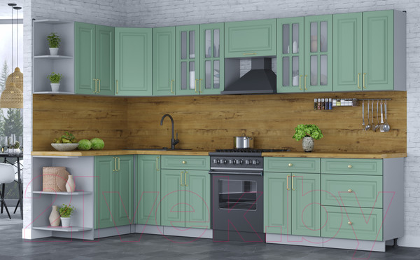 Изображение товара Кухонный гарнитур Интерлиния Мила Шато 1.5x3.3 левая (мята/мята/дуб бунратти)