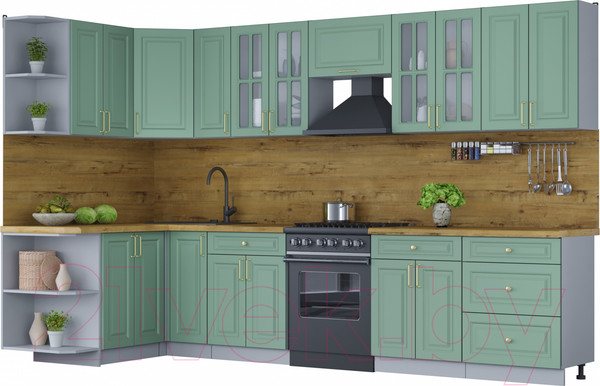 Изображение товара Кухонный гарнитур Интерлиния Мила Шато 1.5x3.3 левая (мята/мята/дуб бунратти)
