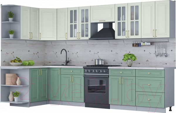 Изображение товара Кухонный гарнитур Интерлиния Мила Шато 1.5x3.3 левая (белый/мята/бискайская сосна)