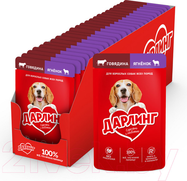 Изображение товара Влажный корм для собак Дарлинг Говядина, ягненок в подливе (75г)