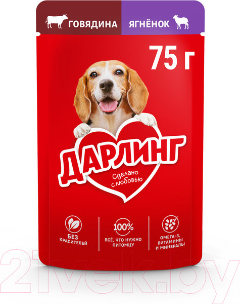 Изображение товара Влажный корм для собак Дарлинг Говядина, ягненок в подливе (75г)