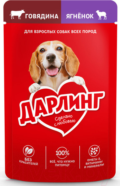 Изображение товара Влажный корм для собак Дарлинг Говядина, ягненок в подливе (75г)